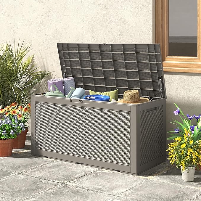 NUNU LAB 102 Gallon Large Waterproof Resin Deck Box, Lockable Outdoor Storage Box with Gas Lift, Patio Cushions, Garden Tools, Pool Supplies, Indoor Outdoor Storage Container, Grey