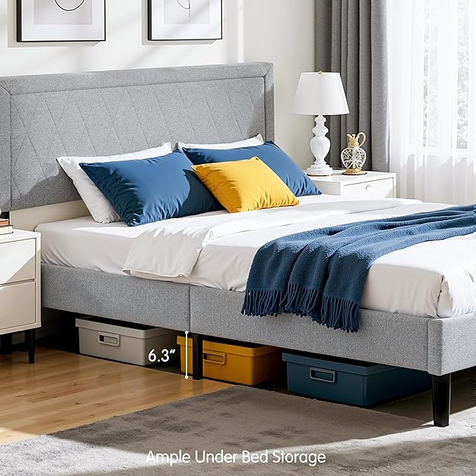 Hokway Bed Frame Upholstered Platform Bed with Headboard Wooden Slat Support No Box Spring Needed(Queen, Light Gray)
