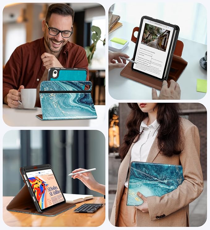 DTTO for iPad mini 7 A17 Pro 2024 aslo fit iPad mini 6 2021 Brown | 360 Degree Rotating Premium Faux Leather Folio Stand Cover with Pencil Holder Auto Sleep/Wake Multiple Angles Hand Strap