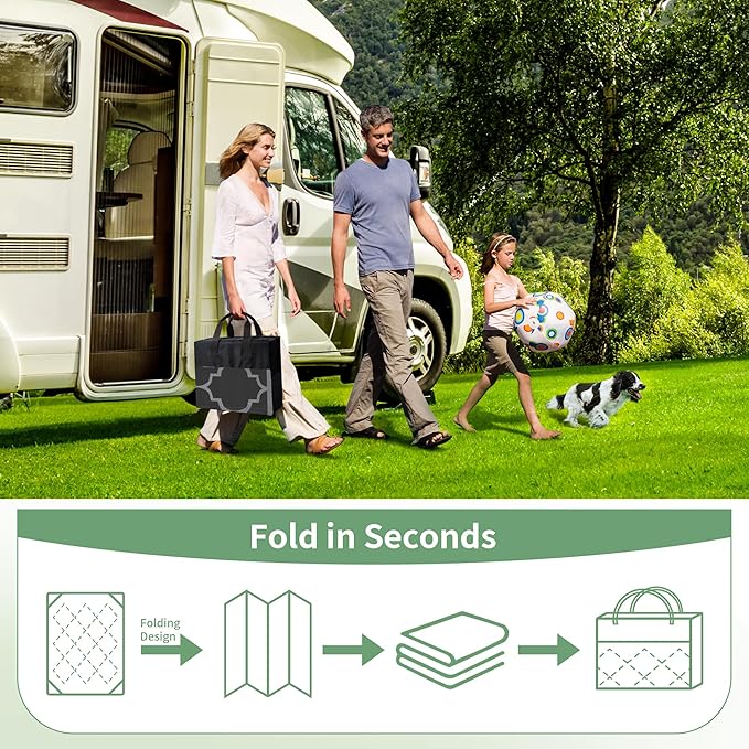 GENIMO 5' x 8' Outdoor Rug Waterproof for Patio Decor, Foldable Reversible Plastic Straw Area Rugs Mat for Camper, Outside Carpet for Rv, Deck, Porch, Picnic, Beach, Balcony, Black & Grey