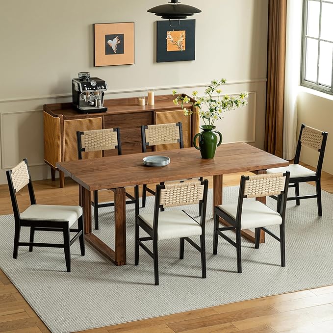 Chogori Wooden Dining Chairs, Modern Farmhouse Kitchen & Dining Room Accent Side Chairs with Woven Rope Back and Fabric Upholstered for Home, Living Room (Black, Set of 6)