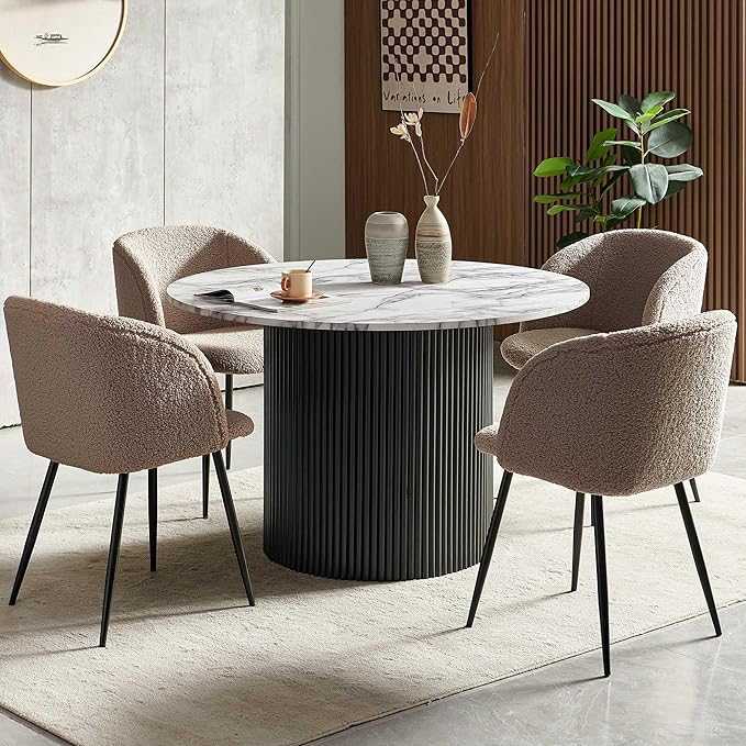 NORDICANA 5-Piece Wooden Round Dining Room Table and Chair Set, 47-Inch Kitchen Table with Barrel Chairs for 4, Brown Upholstered Sherpa Dining Set, MDF Core with White Marble Effect Finish