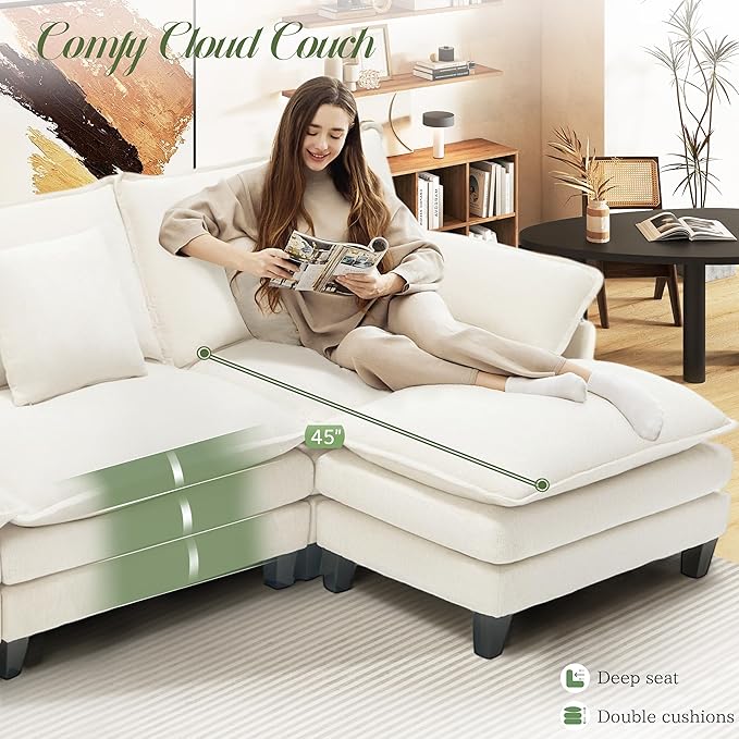 Modular Sectional Sofa, Comfy Cloud Couch with Movable Ottoman, Deep Seat Couches for Living Room, Bedroom and Apartment, 140" U Shaped Modern Sofa with Pillows, Beige
