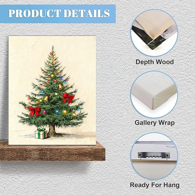 Framed Christmas Pictures Wall Decor,Vintage Pine Tree Prints,Winter Christmas Canvas Wall Art Decoration for Bedroom Bathroom Living Room Rustic Xmas Holiday Gifts (Christmas Tree 9, 24'' X 36'')