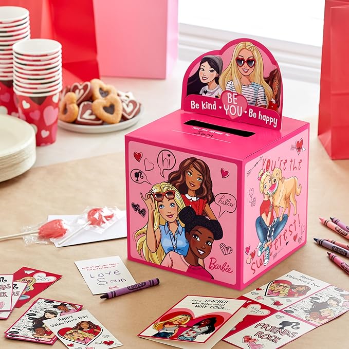 Hallmark Barbie Valentines Day Cards and Mailbox for Kids School Classroom Exchange (1 Box, 32 Valentine Cards, 1 Teacher Card)