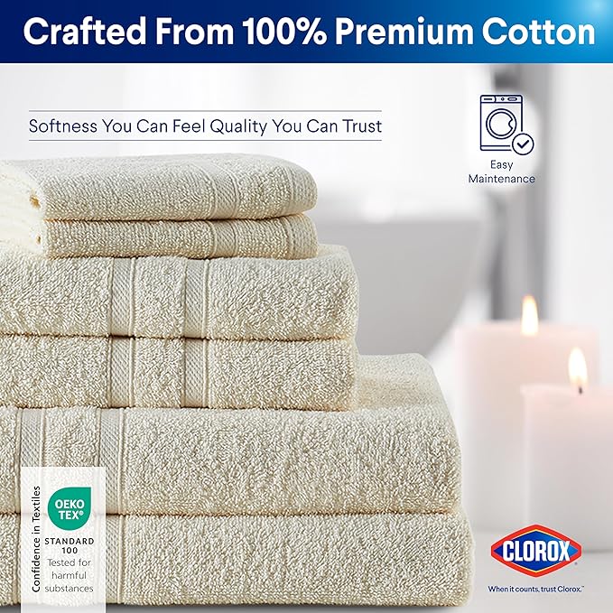 CLOROX Bleach Friendly Towel Set, Quick Dry 100% Cotton Highly Absorbent Lightweight, 2 Bath, 2 Hand, 2 Washcloth Towels Ideal for Everyday Use (6 Pack, Ivory)