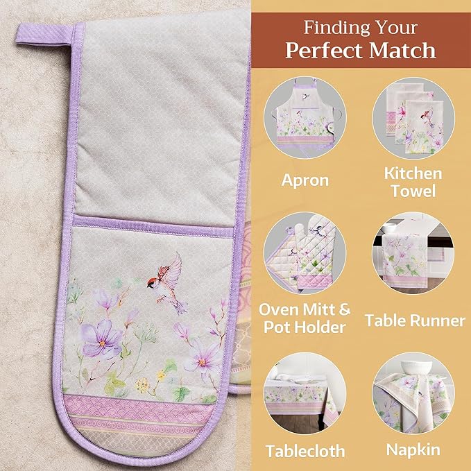 Maison d' Hermine Double Oven Mitts 100% Cotton 7"x35" Double Oven Mitt Heat Resistant BBQ Cooking Gloves with Loop, Baking, Grilling, Home, Kitchen, Handling Hot Pan Spring Summer (Magnolia Mornings)