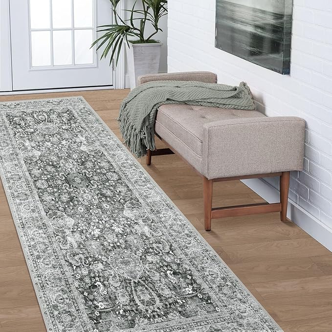 Grey Rug Runner 3x7 Ft Washable Hallway Runner Rug Runner Non-Slip Boho Vintage Runner Rugs with Rubber Backing Soft Distressed Carpet for Kitchen Bedroom