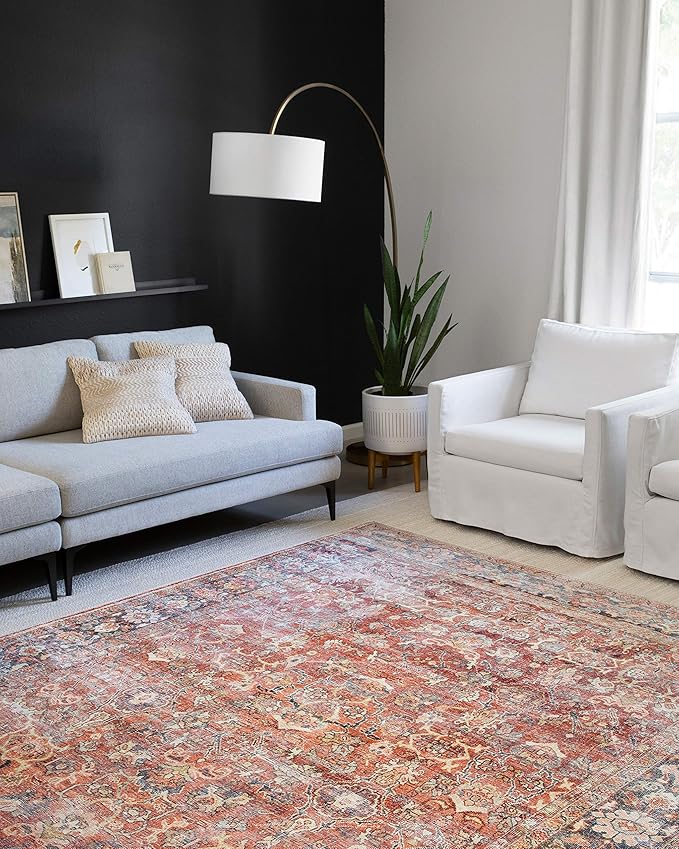 Loloi Layla Collection LAY-02 Spice/Marine 9'-0" x 12'-0" .13" Thick Area Rug, Soft, Durable, Vintage Inspired, Distressed, Low Pile, Non-Shedding, Easy Clean, Printed, Living Room Rug