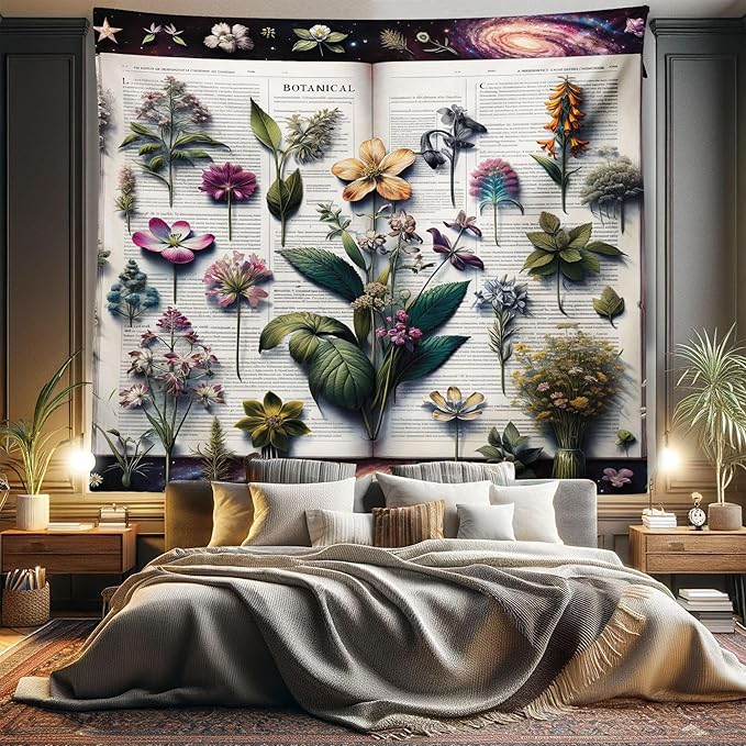 Ambesonne Botanic Tapestry King Size, Wildflowers on an Open Vintage Book with Galactic Milky Way Swirls, Wall Hanging Bedspread Bed Cover Wall Decor, 104" X 88", Forest Green and Multicolor