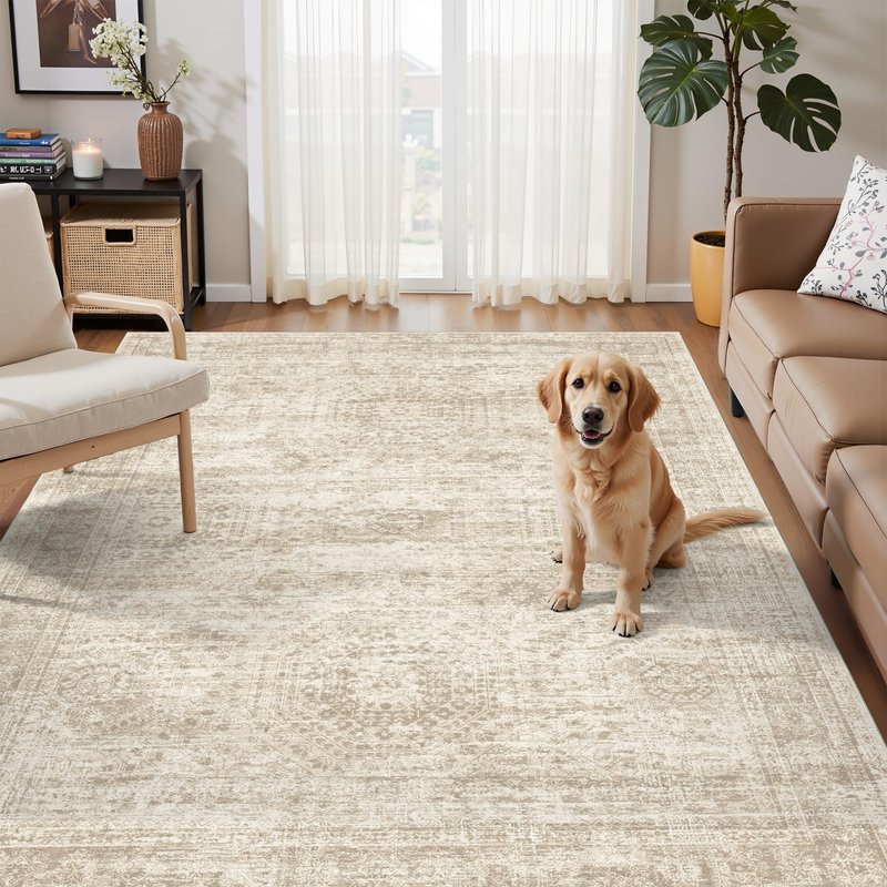 3x5 Rug, Small Area Rug for Kitchen, Entryway, Machine Washable Non-Slip Throw Rug, Vintage Carpet for Nursery Coffee Table Beige
