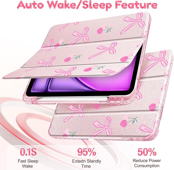for iPad Air 11 inch M4/M3/M2 (2026/2025/2024) iPad Air 5th/4th Gen (2022/2020) 10.9 inch with Pencil Holder Glitter Clear Pretevtive Cover Auto Wake/Sleep Black Cartoon Stickers