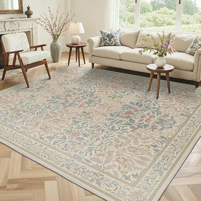 GENIMO 8x10 Washable Area Rug, Non-Slip Vintage Boho Floral Carpet, Soft Low-Pile Thin Living Room Rug for Bedroom, Dining Room, Nursery, Beige Pink