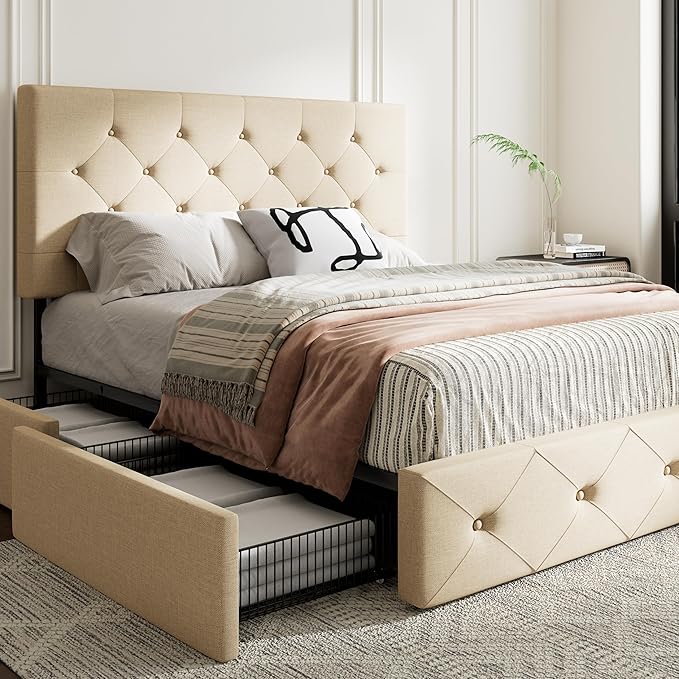 MUTICOR Queen Size Bed Frame with 4 Storage Drawers, Upholstered Platform Bed with Button Tufted Adjustable Headboard, No Box Spring Needed, Easy Assembly, Diamond Tufted, Beige Fabric