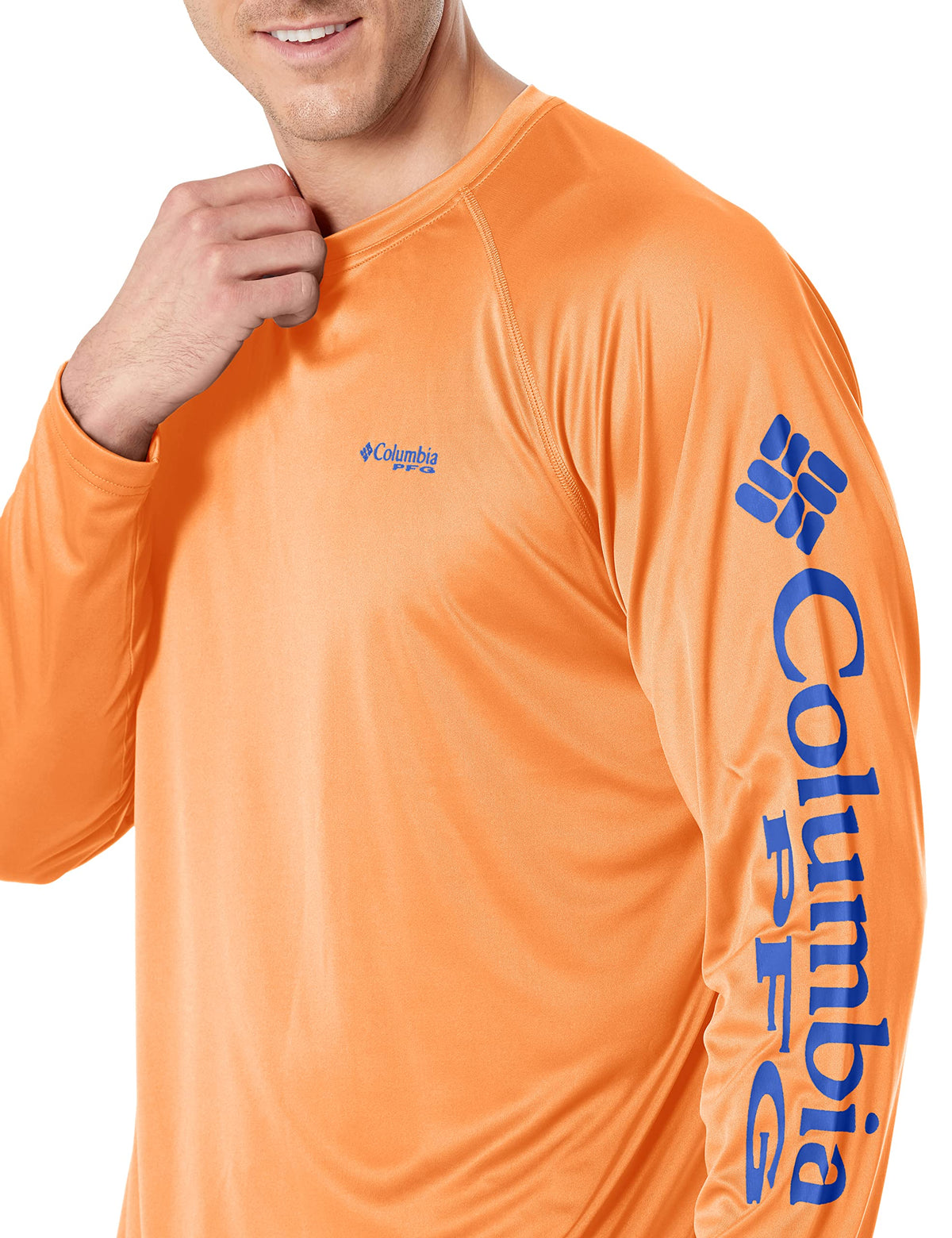 Columbia Men's PFG Terminal Tackle Long Sleeve Fishing Shirt, Bright Nectar/Vivid Blue Logo, X-Small