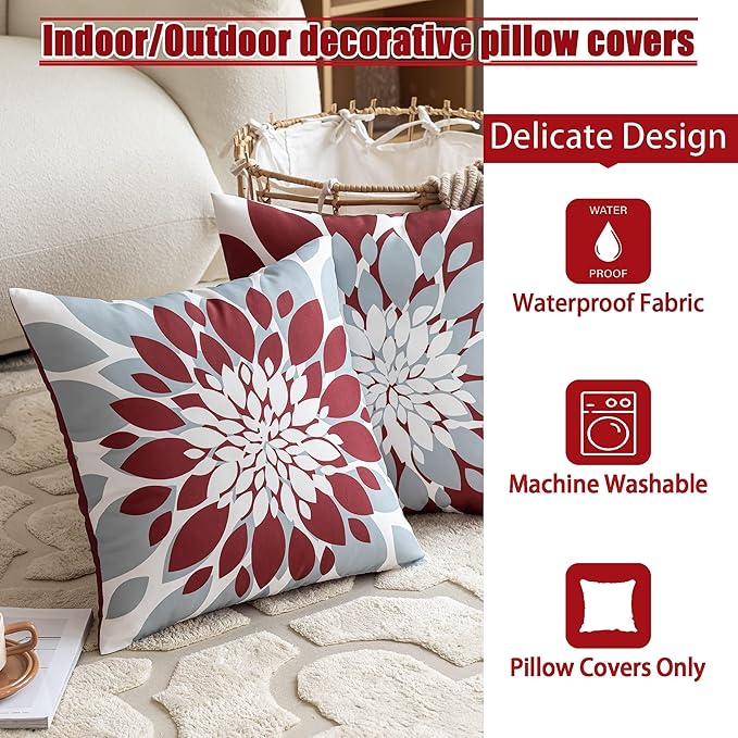 Qahing Pack of 4 Outdoor Waterproof Pillow Covers 20x20 Decorative Outdoor Throw Pillows Garden Square Cushion Cases for Patio Furniture, Couch, Tent Sunbrella, Bench, Burgundy Red Grey
