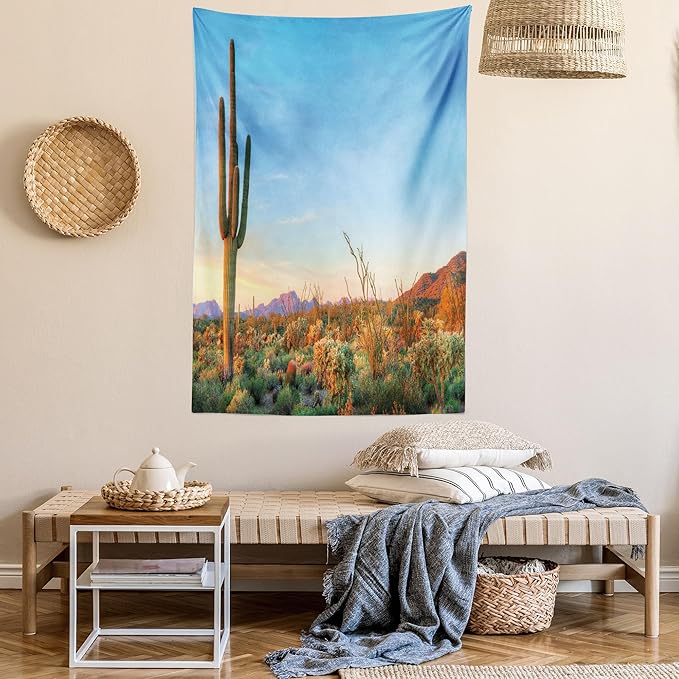 Ambesonne Saguaro Tapestry Queen Size, Sun Goes down in Desert Prickly Pear Cactus Southwest Texas National Park, Wall Hanging Bedspread Bed Cover Wall Decor, 88" X 88", Orange and Blue