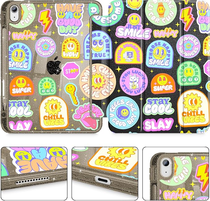 for iPad Air 11 inch M4/M3/M2 (2026/2025/2024) iPad Air 5th/4th Gen (2022/2020) 10.9 inch with Pencil Holder Glitter Clear Pretevtive Cover Auto Wake/Sleep Black Cartoon Stickers