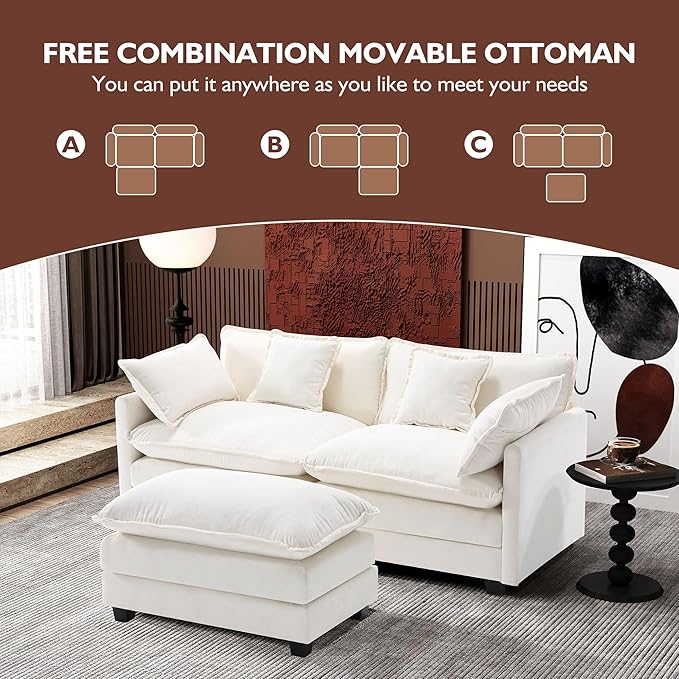 Ihanherry 77" L Shaped Modern Sofa Modular Sectional Cloud Couch with Ottoman, 3-Seat Chenille Deep Seat Sofa with Pillow for Living Room, Bedroom and Apartment, Beige