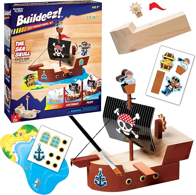 Creativity for Kids Buildeez! Easy Wooden Model Set: Pirate Ship, Sea Skull - DIY Arts & Crafts Kit, STEM Toys and Gift for Kids, Boat Toys for Boys (Ages 5+)
