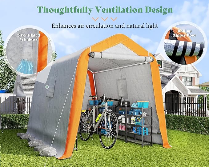AMERLIFE 6x8x6.6 FT Heavy Duty Portable Shed Storage Shelter, Outdoor Storage Shed with 2 Waterproof Windows & Roll-Up Zipper Door, Carport for Motorcycle, Bike, Gray