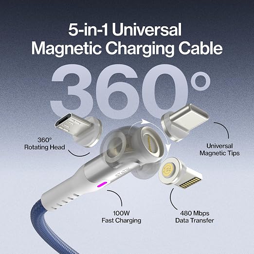 Statik 360 Pro Magnetic Charging Cable - Type C Charger Fast Charging 3 in 1 USB C to USB C Cable Micro USB &amp iProduct Tips USB A Adapter Fits All Devices - 100W Fast Charger Black 10FT/3M