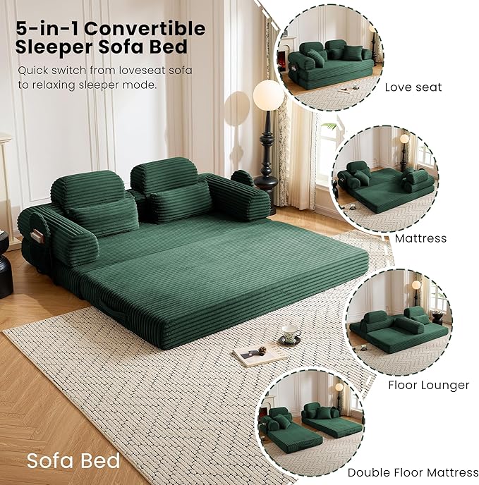 Convertible Sofa Bed,79'' Foldable Sleeper Lounge Modular Couch Comfort Compression Sofa Loveseat for Small Spaces Comfort for Apartment Bedroom (Corduroy Fabric, Dark Green1)