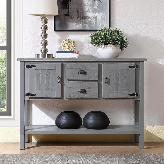 LKTART Solid Wood Farmhouse Console Table Sofa Table with Storage Drawers and Shelves for Storage Entry Hallway Foyer Sofa Side Table(48" Gray)