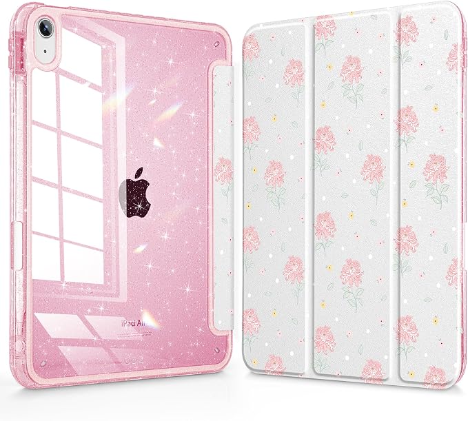 for iPad Air 11 inch M4/M3/M2 (2026/2025/2024) iPad Air 5th/4th Gen (2022/2020) 10.9 inch with Pencil Holder Glitter Clear Pretevtive Cover Auto Wake/Sleep Black Cartoon Stickers