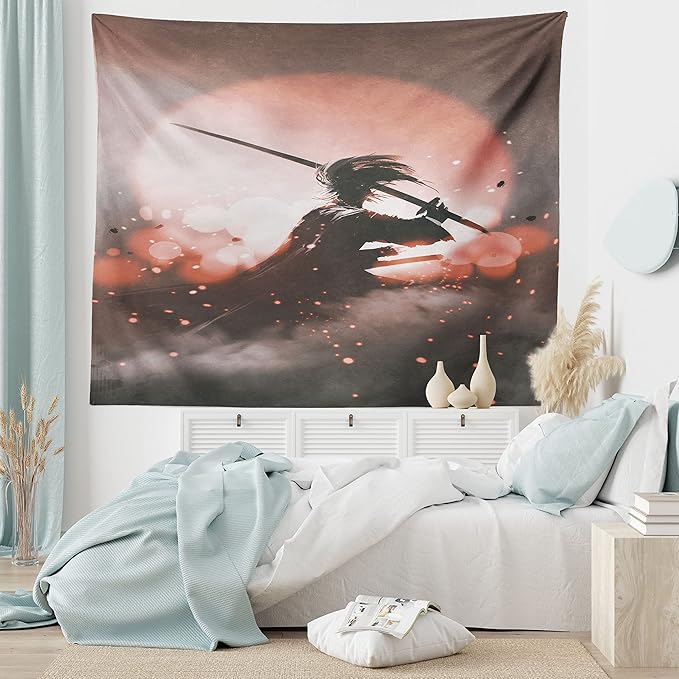 Ambesonne Japanese Tapestry, Reflection of Samurai Practicing Sunset Background Free from Death Concept, Fabric Wall Hanging Decor for Bedroom Living Room Dorm, 45" X 30", Salmon Umber