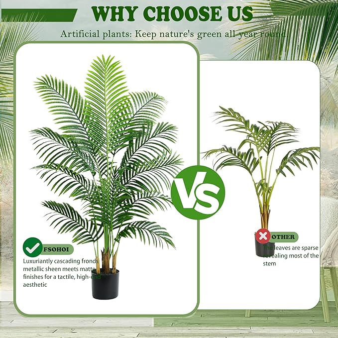 2 Pack Artificial Palm Tree 5FT Artificial Plants Indoor Tropical Fake Palm Tree Areca Floor Plant in Black Pot with 13 Trunks & Real Bark Design, Faux Palm Plant for Outdoor Patio Home Office Decor