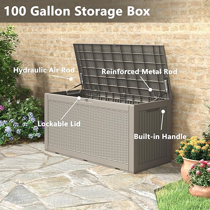 100 Gallon Resin Outdoor Storage Box,Waterproof Deck Box Lockable for Patio Furniture Cushions, Garden Tools, Heavy-Duty Double-Wall Structure with Gas Lift and Reinforced Seat Lid, Grey