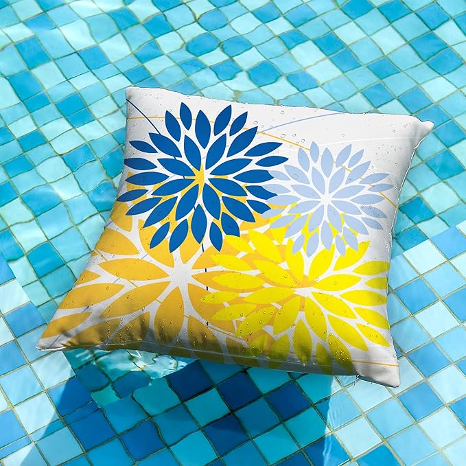 DFXSZ Outdoor Pillow Covers 18x18 Inch Set of 2 Yellow Blue Flower Decorative Waterproof Spring Summer Outdoor Pillow Covers for Patio Funiture Garden Couch 168E18