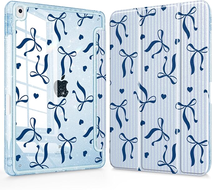 Mektron Sparkly Case for iPad 10.2 inch Glitter Tablet Cases for iPad 9th Gen 2021/8th Gen 2020/7th Gen 2019 Cover with Shiny Clear Back Shell Foldable Bling Smart Cover Blue Floral