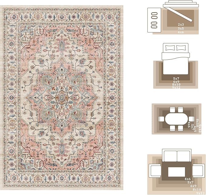 5x7 Area Rugs for Living Room Ultra-Soft Washable Rug Vintage Distressed Boho Area Rug, Non-Slip Retro Print Low Pile Stain Resistant Carpet for Bedroom Dining Room Kitchen Office