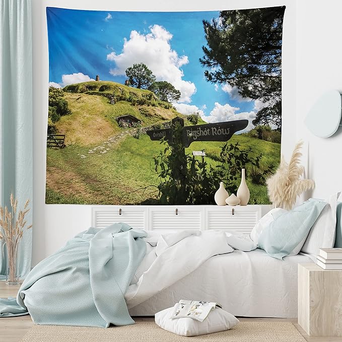 Ambesonne Hobbits Tapestry, Overhill Hobbit Village in Matamata New Zealand Fantasy Scene House Image Print, Fabric Wall Hanging Decor for Bedroom Living Room Dorm, 28" X 23", Green Blue