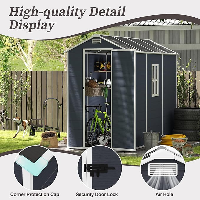 4' x 8' Resin Storage Shed Outdoor, PP Material & Strong Structure for All Weather, Plastic Garden Shed w/Window for Garden, Backyard, Poolside and Lawn, 15mm Thick PP Board - Dark Grey