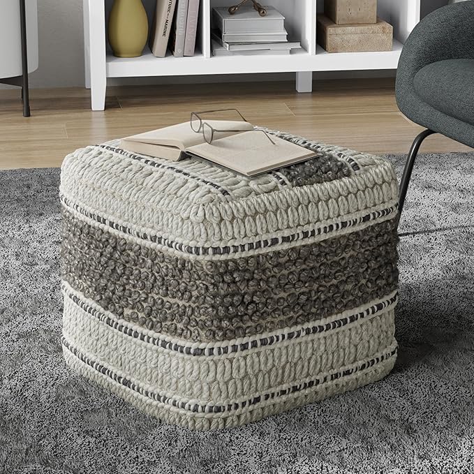SIMPLIHOME Grady Square Pouf - 18 inch Wide Wool and Cotton Handloom Woven Ottoman in Earth Tone Brown, Contemporary Footstool or Extra Seating for Living Room with Polystyrene Bead Filling, Assembled