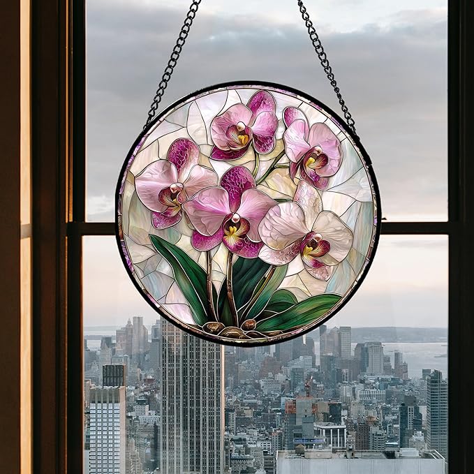 Stained Glass Window Hanging - Pink Purple Phalaenopsis Flowers Sun Catcher for Door Home Decor Plant Suncatcher Christmas Mother's Day Birthday Gifts for Women Men Mom Nana 7.8 in