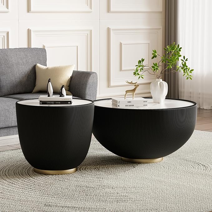 Round Coffee Table Set with Sintered Stone Tabletop, 27.56" Black Drum Center Table and 19.69" Black Coffee Table Set, 2 Pieces Living Room Table Set with Fluted PU Leather Cover& Metal Base