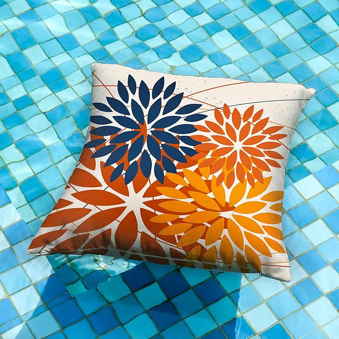 DFXSZ Outdoor Pillow Covers 18x18 Inch Set of 2 Blue Orange Flower Decorative Waterproof Summer Outdoor Fall Pillow Covers for Patio Funiture Garden Couch 168N18