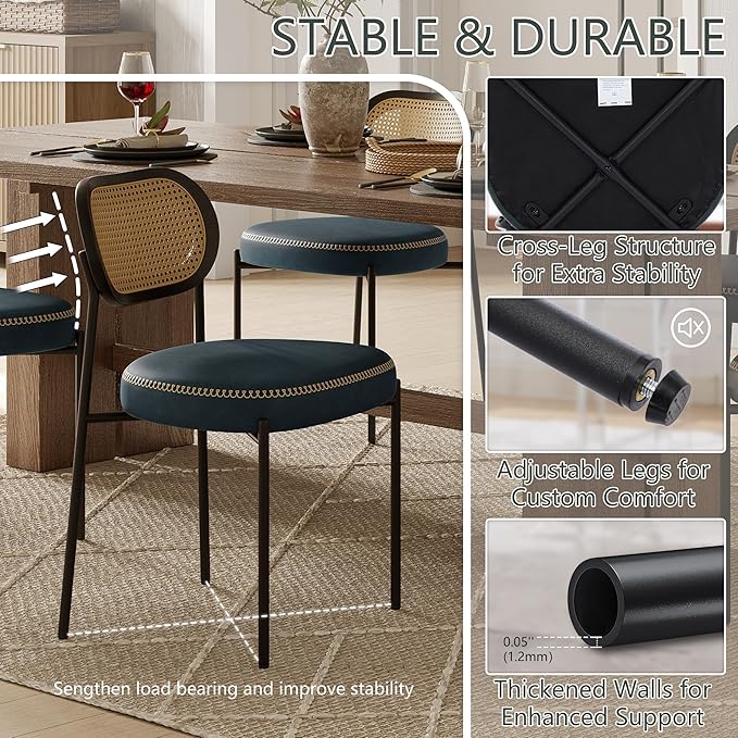 Rattan Dining Chairs Set of 2, Blue Leather Upholstered Dining Chairs with Rattan Cane Back, Mid Century Modern Dining Room Chairs with Black Metal Legs & D-Shaped Thicken Cushion, Blue