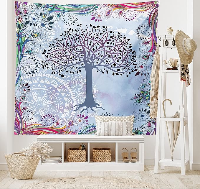 Ambesonne Nature Tapestry, Tree of Life Motif Peacock Feathers Tribal Vintage Prehistoric Flora Illustration, Fabric Wall Hanging Decor for Bedroom Living Room Dorm, 45" X 30", Blue