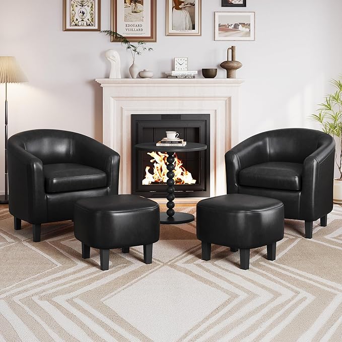 Yaheetech Accent Chair with Ottoman Foot Rest, PU Leather Mid Century Modern Upholstered Soft Barrel Chair Comfy Armchair and Footrest Set for Living Room/Bedroom/Reading Room, Set of 2, Black