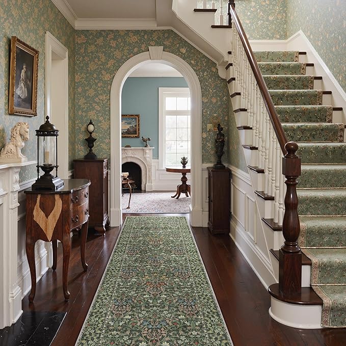 GENIMO Floral Washable Runner Rug 2’6”x8’, Non-Slip Long Hallway Carpet for Entryway, Kitchen, Indoor Floor Use, Vintage Boho Soft Thin Rug Décor, Emerald Green
