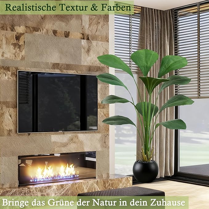 Artificial Sumatra Palm Tree: 5FT Fake Licuala Fan Palm Tree Faux Tropical Plant Realistic Tall Floor Plant in Black Egg-Shaped Pot for Home Living Room Office Decor Patio Hotel Indoor Outdoor