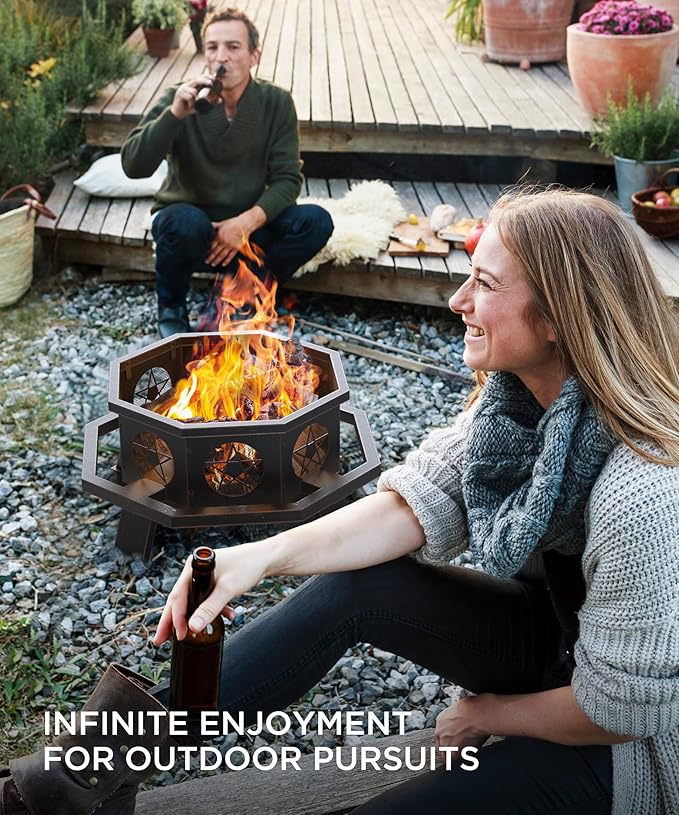 35 inch Fire Pit, Large Firepits for Outside Wood Burning Fire Pits with Cooking Grill, Outdoor Fire Pit Octagonal Heavy Duty Firepit with Poker for Bonfire, Backyard, Patio, Bronze