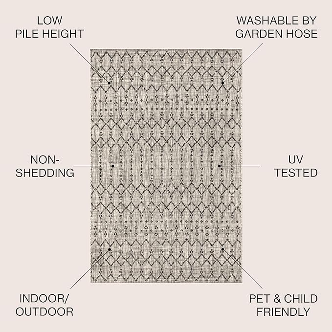 JONATHAN Y SMB108E-8R Ourika Moroccan Geometric Textured Weave Indoor/Outdoor Area Rug, Bohemian, Scandinavian for Bedroom, Kitchen, Living Room, Easy-Cleaning, Light Gray/Black, 8' Round