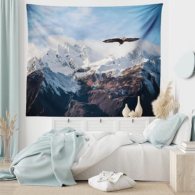 Ambesonne Mountain Tapestry King Size, Frozen Peaks Tops of the Mountain with a Flying Eagle Free in Nature Photo, Wall Hanging Bedspread Bed Cover Wall Decor, 104" X 88", Brown White Blue