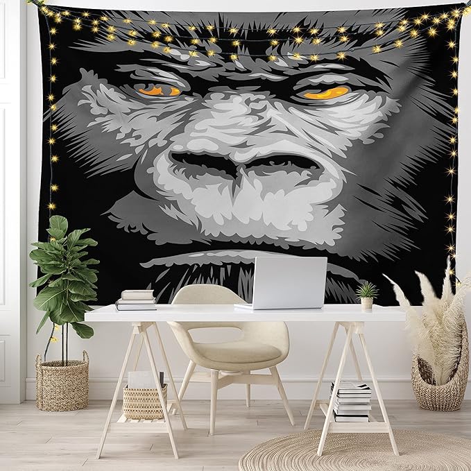 Ambesonne Modern Tapestry Queen Size, Close up Gorilla Portrait with Orange Eyes Zoo Jungle Animal Wild Money Graphic, Wall Hanging Bedspread Bed Cover Wall Decor, 88" X 88", Grey Marigold